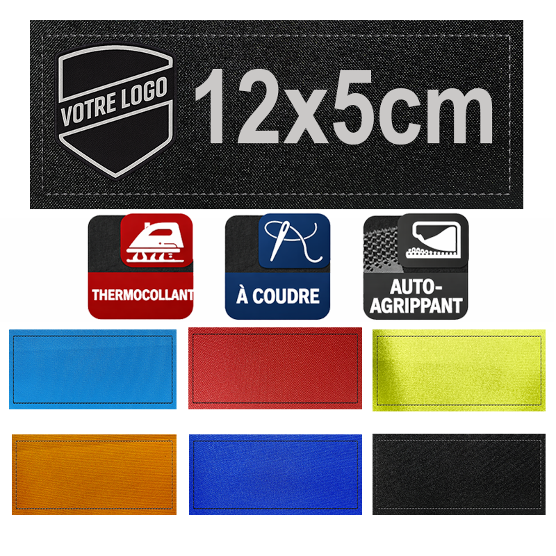 Patch imprimé personnalisé 12x5 cm – auto agrippant , thermocollant ou à coudre