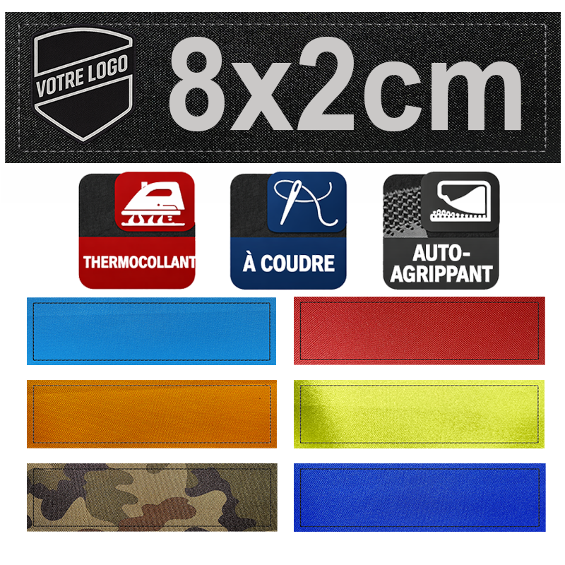 Patch imprimé personnalisé 8x2 cm – auto agrippant, thermocollant ou à coudre