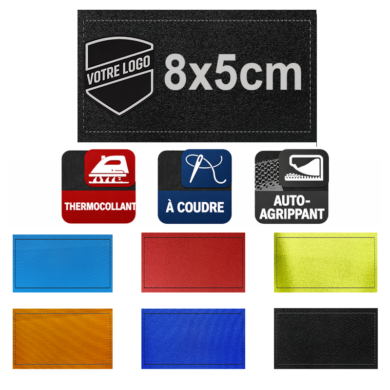Patch imprimé personnalisé 8x5 cm – auto agrippant, thermocollant ou à coudre