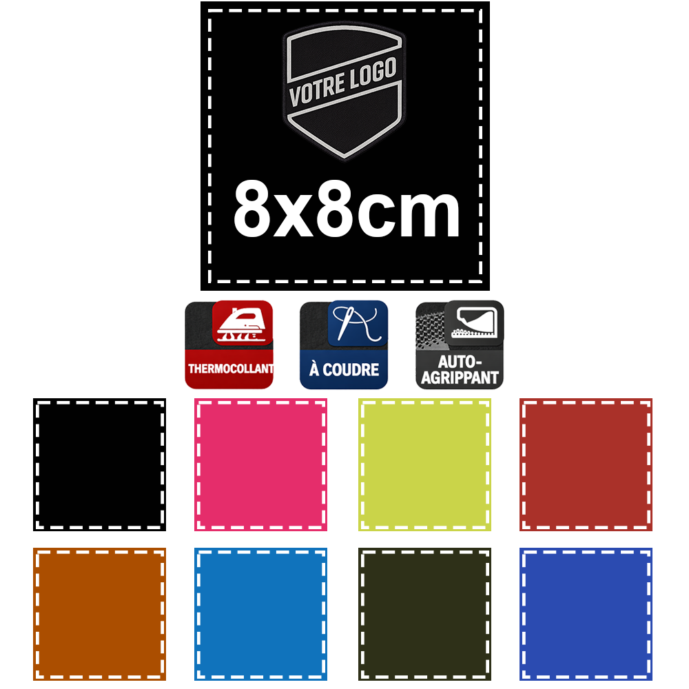 Patch imprimé personnalisé 8x8 cm – auto agrippant, thermocollant ou à coudre