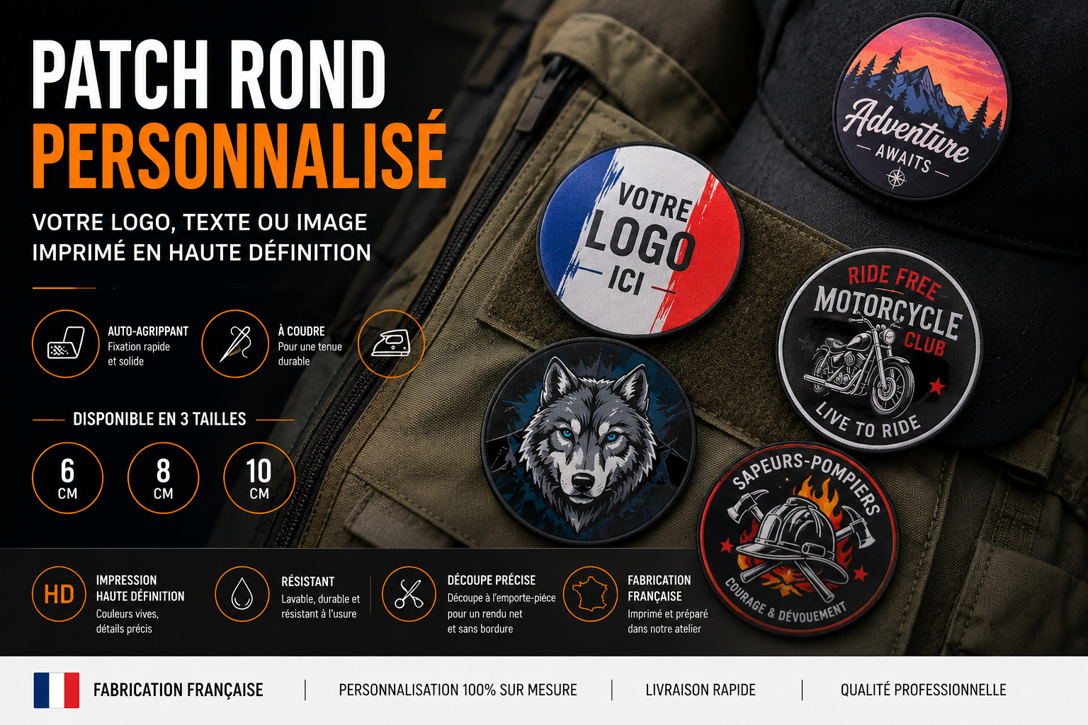 Patch rond personnalisé imprimé – Logo, texte ou image